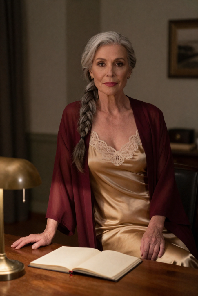 Fuli158 muse in an old gold satin slip with ivory lace and sheer burgundy robe at the counter desk